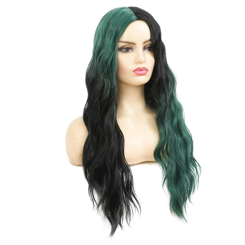 Swiking Green and Black Long Wigs for Women Curly Wave Natural Ombre Green Synthetic Fibre Soft Hair Wigs for Party Cosplay Halloween - Image 3